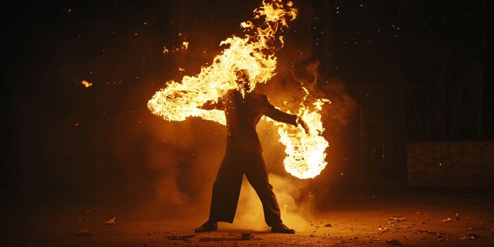 A man in a suit performs an outdoor fire show, controlling flames and creating fiery images with his dance.