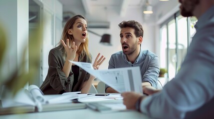 Obraz premium Office meeting with expressive young professionals gesturing and discussing documents. Business casual style. Perfect for marketing and teamwork concepts. 