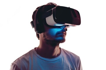 Man using virtual reality headset on white background