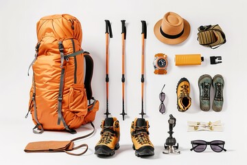 Set of sport equipment and gear for hiking and trekking. Top view of walking sticks, backpack, clothes etc. isolated on white background