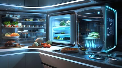 Obraz premium AIpowered kitchen appliances in a hightech food environment creating personalized meal plans and recipes