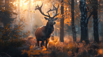 A majestic deer in a beautiful autumn forest. A graceful deer standing in the middle of a misty forest with sunlight filtering through the trees in the morning.
