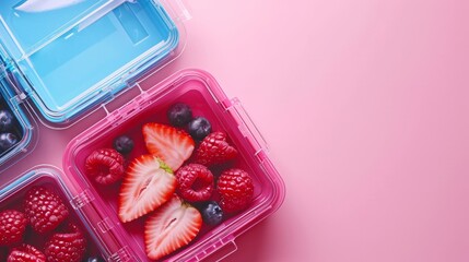 Organic plastic lunch box with sandwich, fruits, vegetables for kids healthy eating concept banner