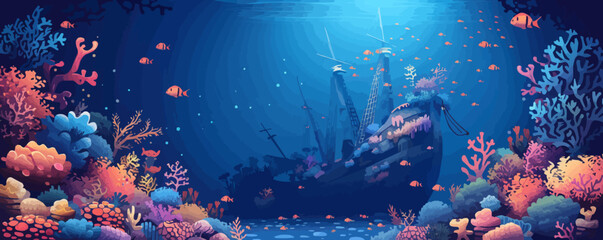 Underwater shipwreck surrounded by coral and marine life. Vector flat minimalistic isolated