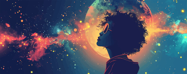 Astral traveler journeying through the cosmos on a celestial odyssey. Vector flat minimalistic isolated