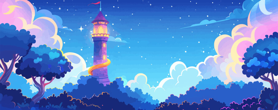 Whimsical fairytale tower with Rapunzel's hair Vector flat minimalistic isolated