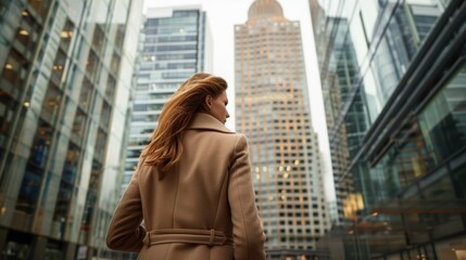 Obraz premium Professional woman in a beige coat walking through a corporate plaza, high-rise buildings, urban setting