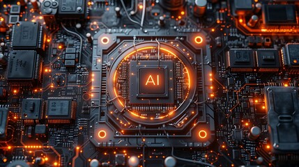 Computer microchip CPU on motherboard circuitry with "AI" text on it for Artificial Intelligence and Machine Learning purposes