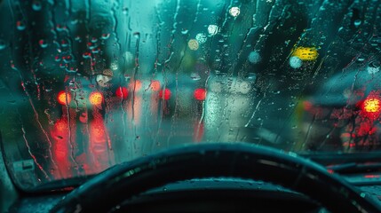 Obraz premium Blurred windshield in rain, poor visibility with heavy downpour, capturing the intensity and challenge of driving in stormy weather