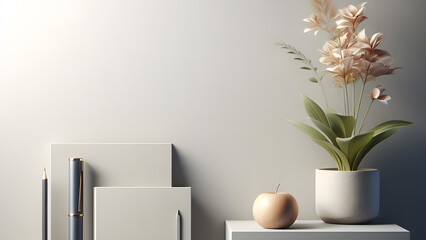 Pen pencil and notebook with blank page, laptop and office supplies on beautiful background with copy space.