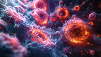 A vibrant 3D scene with bioluminescent, cellular shapes swirling and pulsating against a dark, ethereal background.