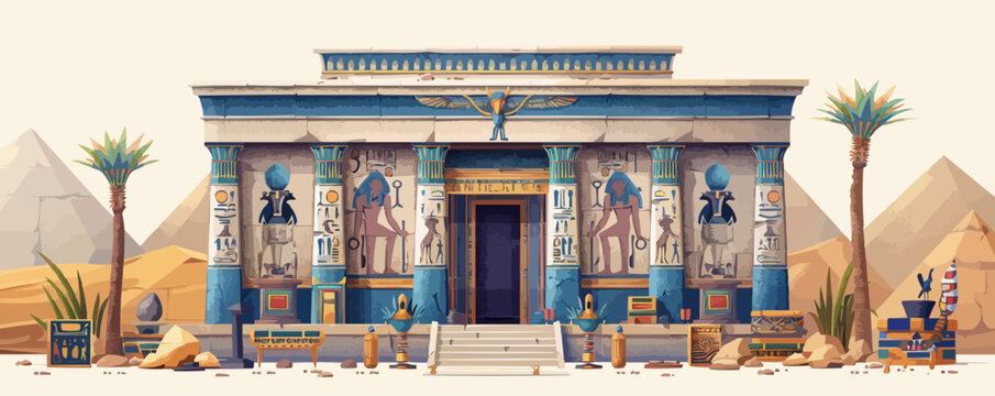Egyptian pharaoh's tomb adorned with hieroglyphs and treasures. Vector flat minimalistic isolated