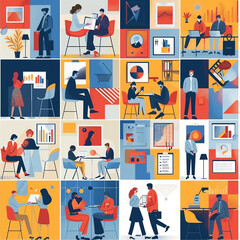 Office workers on workplace or meeting brainstorm,Business Concept illustrations Collection of scenes with men and women taking part in business
