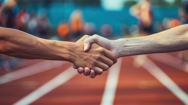 Handshake at a sports event finish line, depicting sportsmanship, captured in dynamic action-shot style