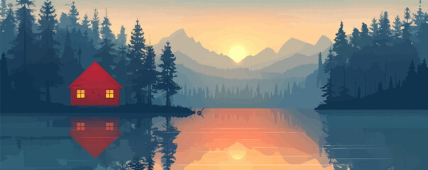 Serene lakeside cabin surrounded by pine trees. Vector flat minimalistic isolated illustration.