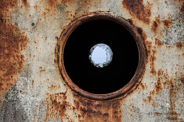 Open round porthole in dark ship cabin wall. Opened rounded porthole in rusty rust-eaten metal frame. Details of open porthole of vintage cruise ship. abandoned cracked circle glass