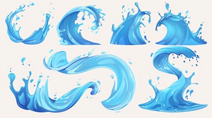 Collection of ocean waves with splashes and droplets in blue motion, shaped and isolated in a cartoon illustration.