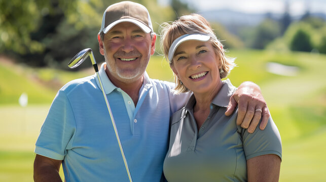 Happy senior couple on a golf course, dressed in casual sportswear, sharing a joyful moment while holding golf clubs.