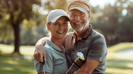 Happy senior couple enjoying a day at the golf course, dressed in casual golf attire and holding clubs.
