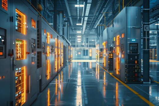 Load management systems in a conceptual hightech facility automatically shifting nonessential loads to offpeak times