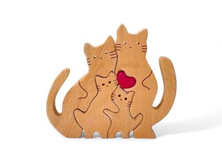 miniature cat family decoration made of wood on a white background