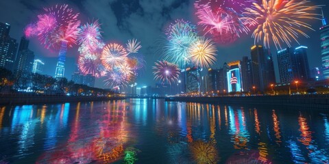 Fototapeta premium Color Symphony: Fireworks show reflected in the night sky of the future city, night, fantasy, New Year, National Day, Spring Festival, Christmas, festival, celebration, festive atmosphere, happiness, 