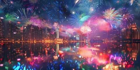 Color Symphony: Fireworks show reflected in the night sky of the future city, night, fantasy, New Year, National Day, Spring Festival, Christmas, festival, celebration, festive atmosphere, happiness, 