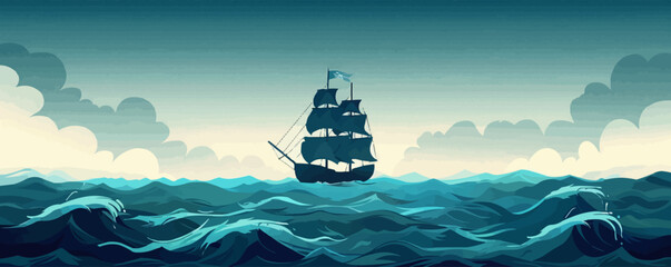 Phantom pirate ship haunting stormy waters. Vector flat minimalistic isolated