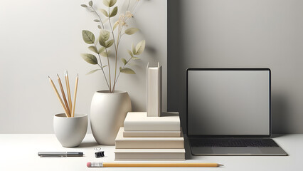 Pen pencil and notebook with blank page, laptop and office supplies on beautiful background with copy space.