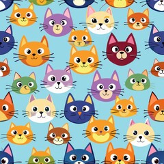 Seamless pattern of cartoon cats with different fur patterns and colors, Generative AI