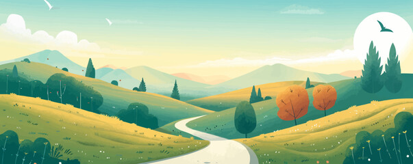 A serene countryside landscape with rolling hills and a winding river. Vector flat minimalistic isolated illustration.
