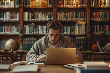 A college student conducting academic research in a contemporary library, utilizing a laptop and surrounded by books and educational resources