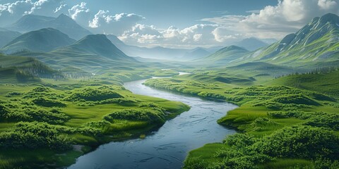 Fototapeta premium A winding stream cuts through lush meadows.