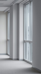 Empty office space with minimal furniture and copy space for text.