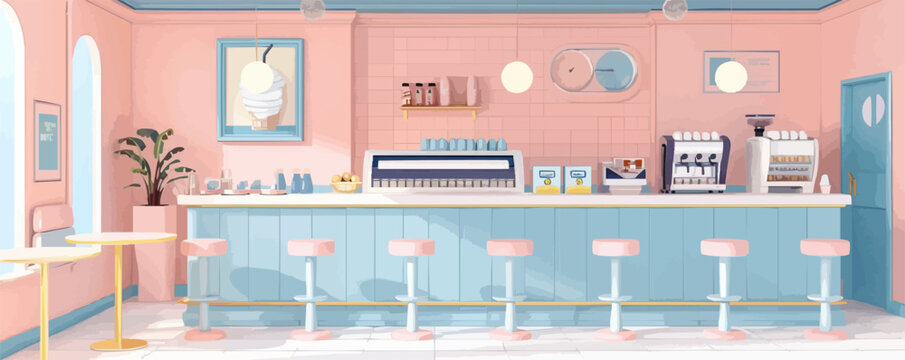 Vintage ice cream parlor with pastel-colored decor. Vector flat minimalistic isolated illustration