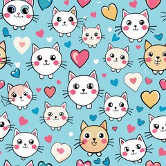 Seamless pattern of cartoon cats with different fur patterns and colors, Generative AI