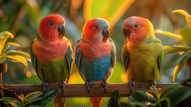 Three colorful parakeets
