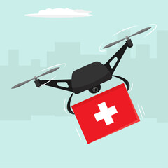 Healthcare drone delivery service. Drone carrying a red medkit box on a town background. Medkit delivery concept