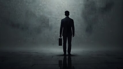 Obraz premium silhouette of a man walking on the beach, silhouette of a man standing in the foggy road., Surreal_man_sign_gloomy_minimalist_wallpaper, silhouette of a man standing in the foggy road. 