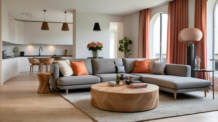 Fototapeta premium The living area features stylish furnishings, parquet flooring, and a contemporary design.