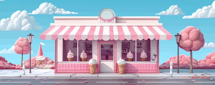 Vintage ice cream parlor with striped awnings and ice cream cones Vector flat minimalistic isolated illustration