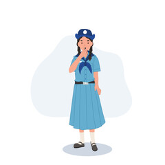 Thai Girl Scout in Uniform Blowing Whistle. Youth Organization Activity.