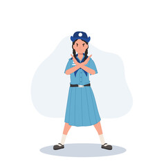 Obraz premium Thai girl scout in uniform with crossed hands making no gesture. No. negative, opposite gestures