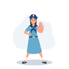 Thai Girl Scout show no hand gesture. Serious girl demonstrate stop sign. Nonverbal communication and body language