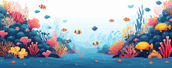 A whimsical underwater kingdom with coral reefs and schools of colorful fish. Vector flat minimalistic isolated illustration.