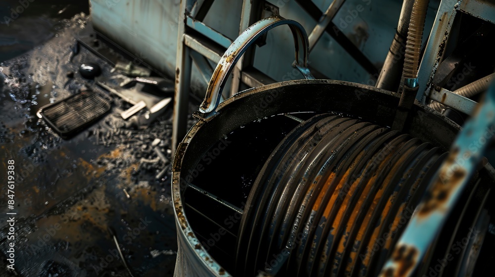 Sticker Close-up of oil filter disposal in factory, industrial waste management, no people, grimy detail, dim light 