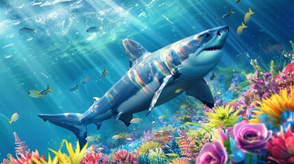 Dolpine in the water colorful flower sunrays underwater scene