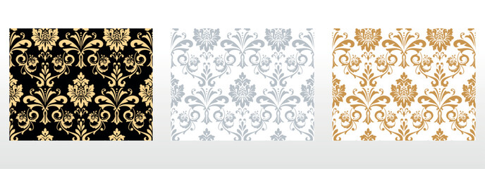 Wallpapers in the style of Baroque. Seamless vector backgrounds. Set of colored floral ornaments. Graphic patterns for fabric, wallpaper, packaging. Ornate Damask flower ornaments