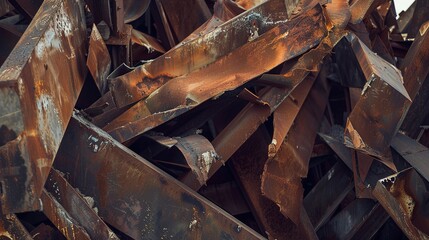 Factory scrap metal pile, close-up, no people, waste recycling, textures of rust and metal, natural light 