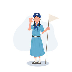 Thai Girl Scout in Uniform Holding Flag. Cultural Symbolism in Scout